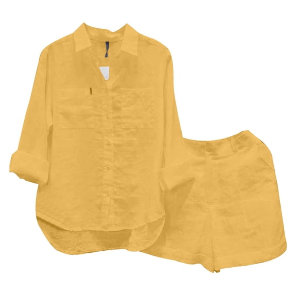 LEKODE Women's 2 Piece Linen Short Sets Summer Casual Button Down Shirt Matching Shorts Lounge Beach Outfits with Pockets Yellow S