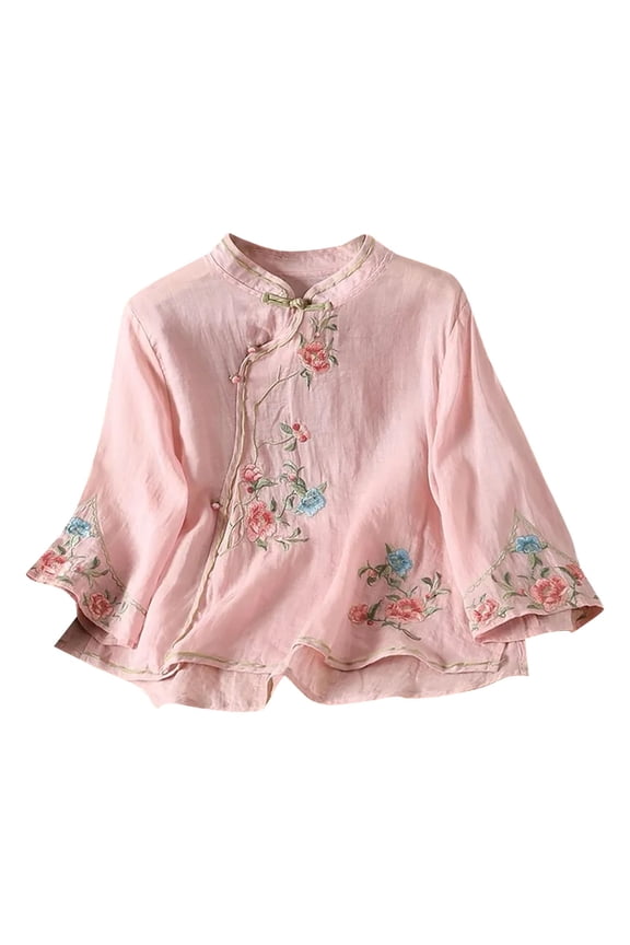 Women’s 3/4 Sleeve Chinese Style Linen Shirt, Oversized Boho Wildflower Graphic Tee, Peasant Floral Embroidered Trendy Summer Top Pink XXL