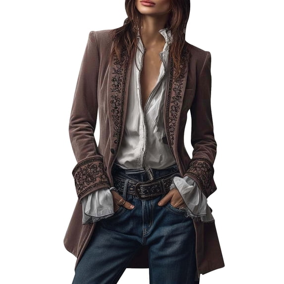 LEKODE Women's Bohemian Vintage Embroidered Velvet Long Blazer Coat Jacket Spring Casual Elegant Victorian Renaissance Steampunk Outerwear Rose Gold S