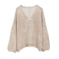 thumbnail image 1 of LEKODE Women's Boho Knit Tops Crochet Sweater Long Sleeve Hollow Out V Neck Pullover Cover Up Beige S, 1 of 4