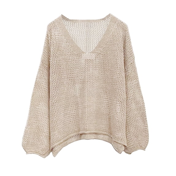 LEKODE Women's Boho Knit Tops Crochet Sweater Long Sleeve Hollow Out V Neck Pullover Cover Up Beige S