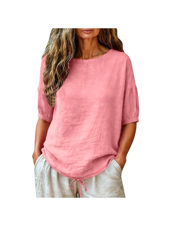 Women’s Boho Trendy Flowy Hawaiian Blouse, Half Sleeve Crew Neck Basic Tee, Casual Summer Daily Going Out Top Pink XXXL
