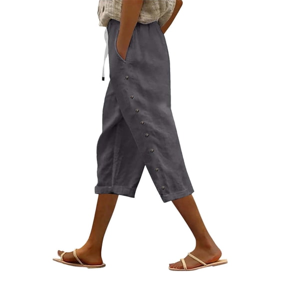LEKODE Women's Capri Pants Linen Summer Beach Casual Drawstring Wide Leg Lounge Palazzo Pant High Waist Trouser with Pockets Gray M
