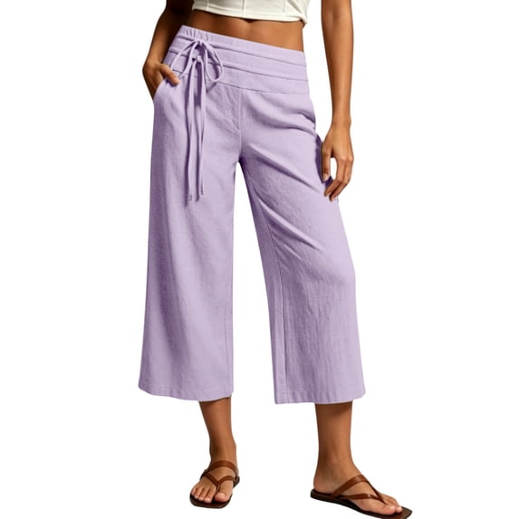 LEKODE Women's Capri Pants Linen Summer Beach Casual Drawstring Wide Leg Lounge Palazzo Pant High Waist Trouser with Pockets Light Violet XL