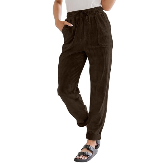 LEKODE Women’s Corduroy Pants Casual Elastic Waist Jogger Pants Comfortable Straight Leg Work Pant Soft Lounge Trousers Brown L