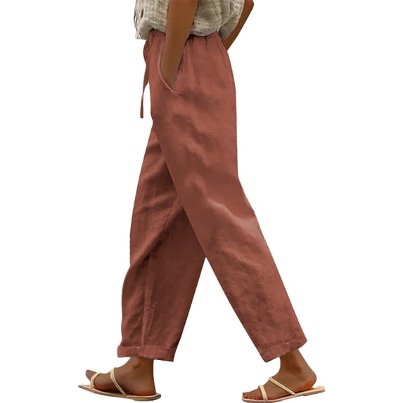 LEKODE Women's Cotton Linen Straight Leg Pants Drawstring Elastic Waist Casual Ankle Length Tapered Trousers Summer Beach Long Pant with Pocket Brown L