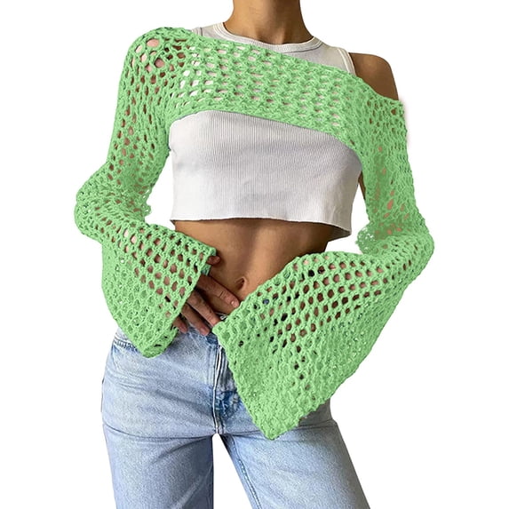 LEKODE Women's Crochet Crop Top Shrug Y2K Hollow Out Mesh Knit Long Sleeve Sweater, Beach Bikini Cover Up Light Green L