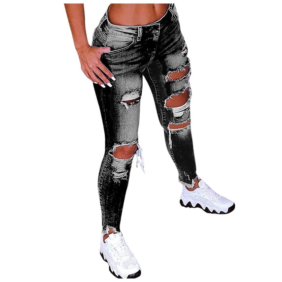 LEKODE Women’s Distressed Skinny Jeans Ripped Destroyed Destructed Stretch Frayed Hem Casual Denim Pants Black L