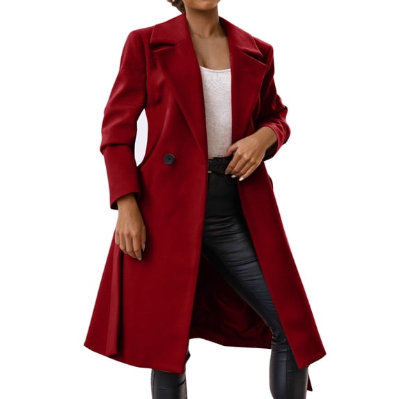 LEKODE Women's Fashion Notched Lapel Single Breasted Open Front Maxi Long Woolen Overcoat with Pockets Wine S
