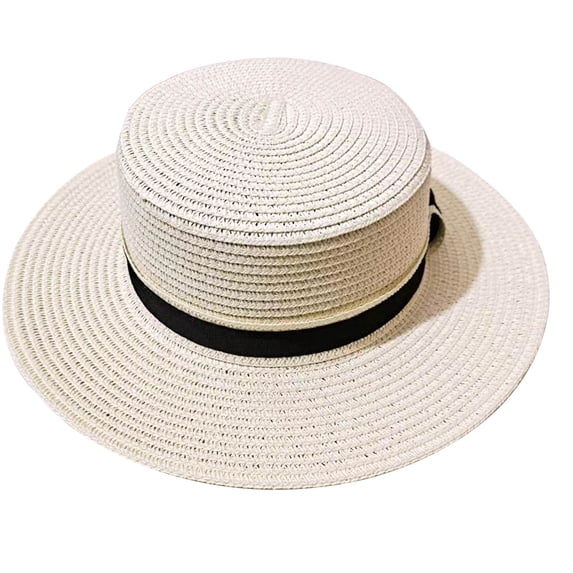 LEKODE Women's Flat Top Straw Hat, Wide Flat Brim Boater Sun Hat with Black Ribbon Band, Foldable UV‑Protection Summer Hat for Beach Travel Daily White One Size