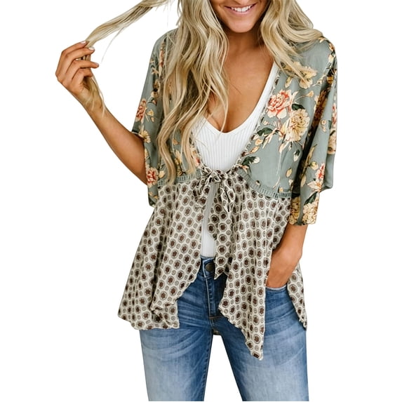 LEKODE Women's Floral Print Tie Front Kimono Cardigan Lightweight 3/4 Sleeve Open Front Shrug Gray 2XL