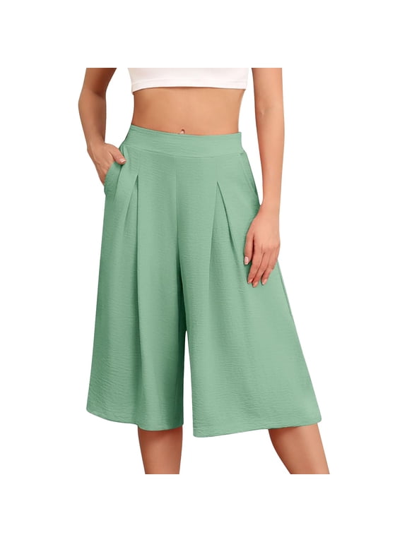 Women’s Flowy Capri Pants Wide Leg Casual Gaucho Pants with Pockets High Waist Lounge Pants Mint Green XL