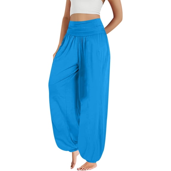 LEKODE Women's Fold Over Yoga Pants High Waist Loose Baggy Jogger Trousers Lightweight Casual Pants with Pockets Blue L