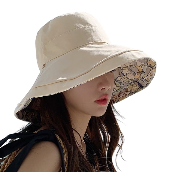 LEKODE Women's Foldable Floppy Sun Hats Reversible Vacation Beach Cap Summer Wide Brim Travel Fishing Bucket Hat Beige One Size