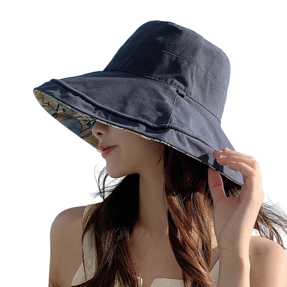LEKODE Women's Foldable Floppy Sun Hats Reversible Vacation Beach Cap Summer Wide Brim Travel Fishing Bucket Hat Navy One Size