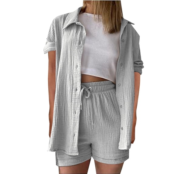 LEKODE Women's Linen 2 Piece Outfits Summer Short Sleeve Shirts Dressy Casual Sets Suits Gray M
