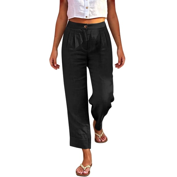 LEKODE Women's Linen Ankle Pants Pleated Front Wide Leg Straight Cropped Trouser Black L