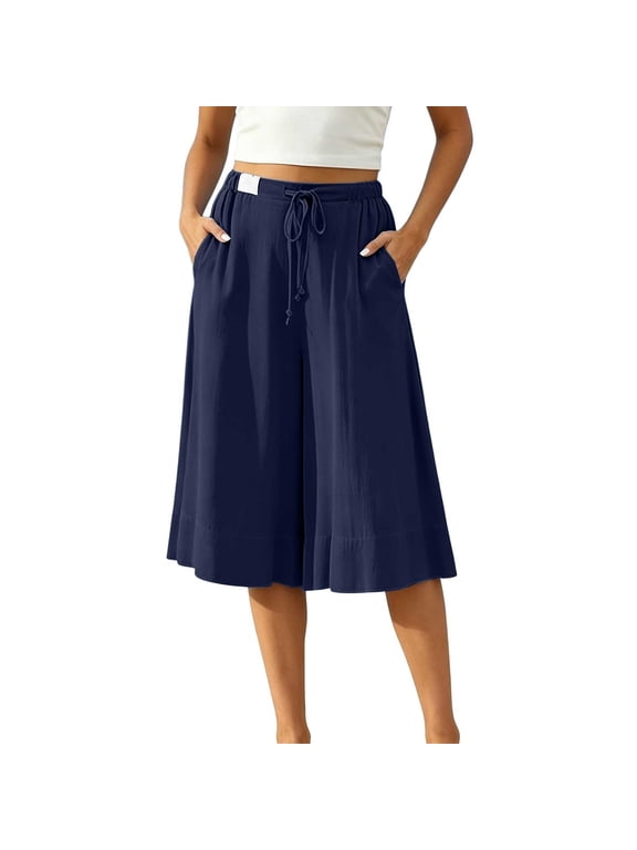 Women's Linen Cropped Wide Leg Pants Elastic Waist Casual Palazzo Trousers with Pockets Navy L