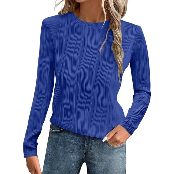 LEKODE Women's Long Sleeve Shirts Ribbed Knit Tops Slim Fit Crewneck Basic Tee Casual T‑Shirt Going Out Fall Outfits Blue XL