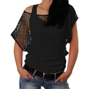 LEKODE Womens Off Shoulder Sheer Mesh Short Sleeve Top See Through T Shirts Black L