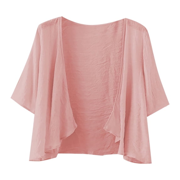 LEKODE Women's Open Front Draped Cardigan, 3/4 Sleeve plain Casual Cropped Lightweight Top teacher clothes Pink M