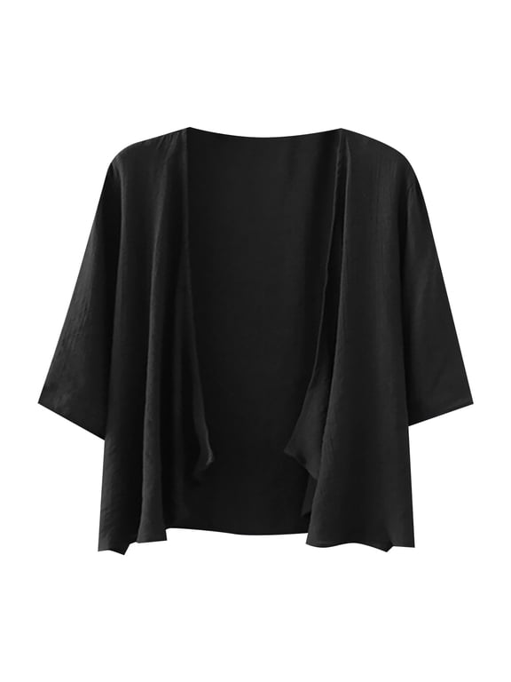 Women's Open Front Draped Cardigan, 3/4 Sleeve plain Casual Cropped Lightweight Top womens clothes Black S