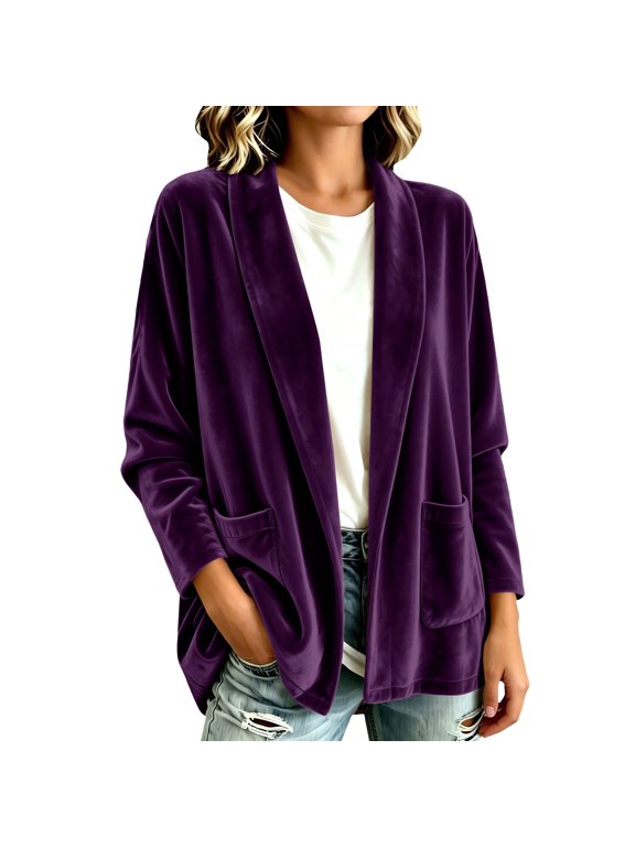 Women's Open Front Plush Cardigan, Long Sleeve plain Casual Shawl Lapel Mid Length Coat with Pockets travel outfits for women Purple M