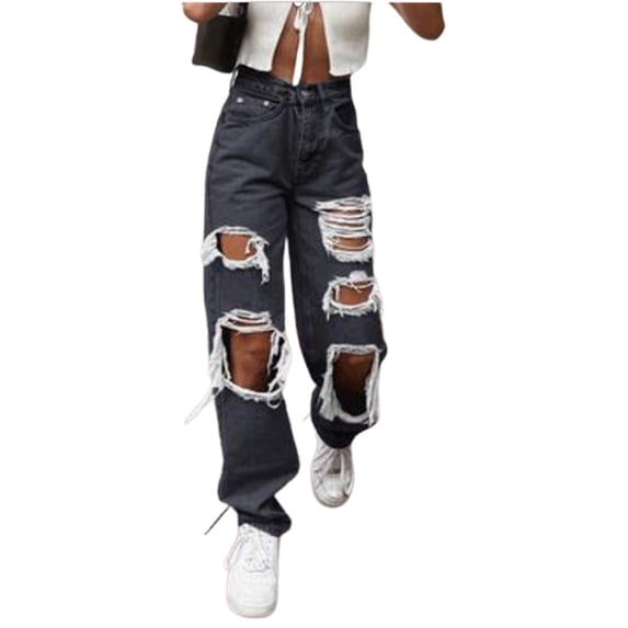 LEKODE Women's Pants Ripped Jeans Womens Y2k Baggy Jeans Boho Pants Tummy Control Jeans Plus Size Jeans for Curvy Women Drawstring Jeans Women Gaucho Pants Exercise Pants for Women Black L