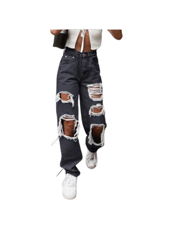 Women's Pants Ripped Jeans Womens Y2k Baggy Jeans Boho Pants Tummy Control Jeans Plus Size Jeans for Curvy Women Drawstring Jeans Women Gaucho Pants Exercise Pants for Women Black L