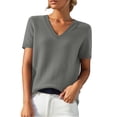 thumbnail image 1 of LEKODE Women's Plus Size Knit Sweater Pullover Top, V‑Neck Short Sleeve Ribbed Cuff for Daily Office Going Out, Casual Gray L, 1 of 9