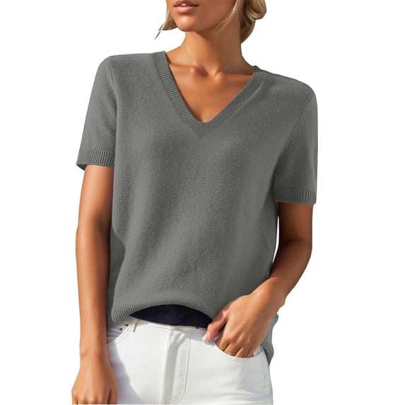 LEKODE Women's Plus Size Knit Sweater Pullover Top, V‑Neck Short Sleeve Ribbed Cuff for Daily Office Going Out, Casual Gray L