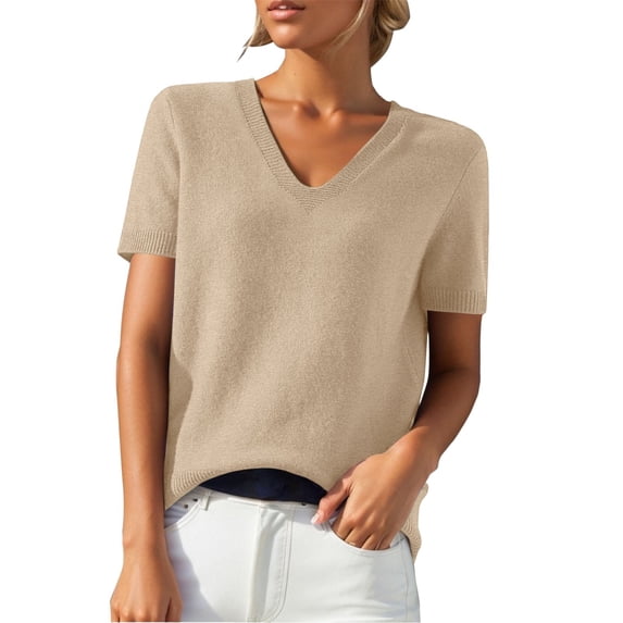 LEKODE Women's Plus Size Pullover Top, V‑Neck Short Sleeve Ribbed Cuff Knit Sweater for Daily Going Out Office, Casual Khaki XL