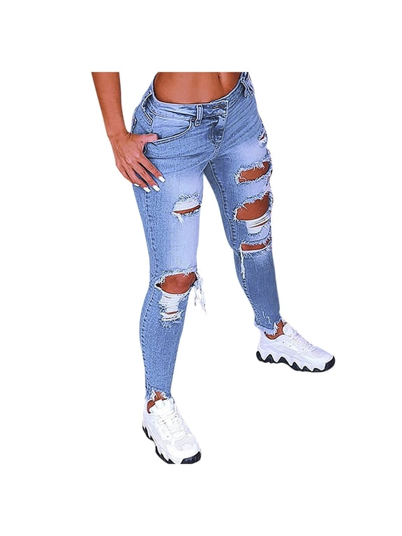 Women's Ripped Shaping Skinny Jeans Distressed Raw Hem Stretchy Denim Pants Blue L