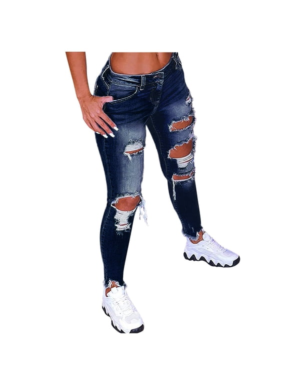 Women's Ripped Shaping Skinny Jeans Distressed Raw Hem Stretchy Denim Pants Dark Blue XL