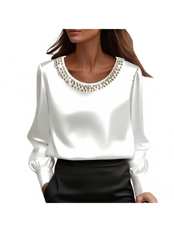 Women's Satin Blouse Dressy Casual Long Sleeve Crew Neck Work Shirt White S