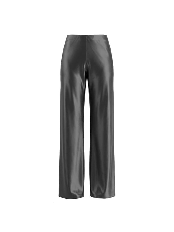 Women's Satin Wide Leg Pants High Waisted Work Pants Party Dress Trouser Casual Slacks Gray S