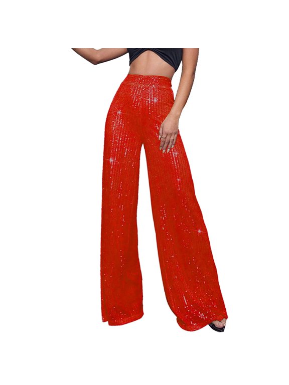 Women's Sequin Wide Leg Pants High Waisted Glitter Palazzo Trousers Cocktail Party Disco Night Out Clubwear Red 4XL