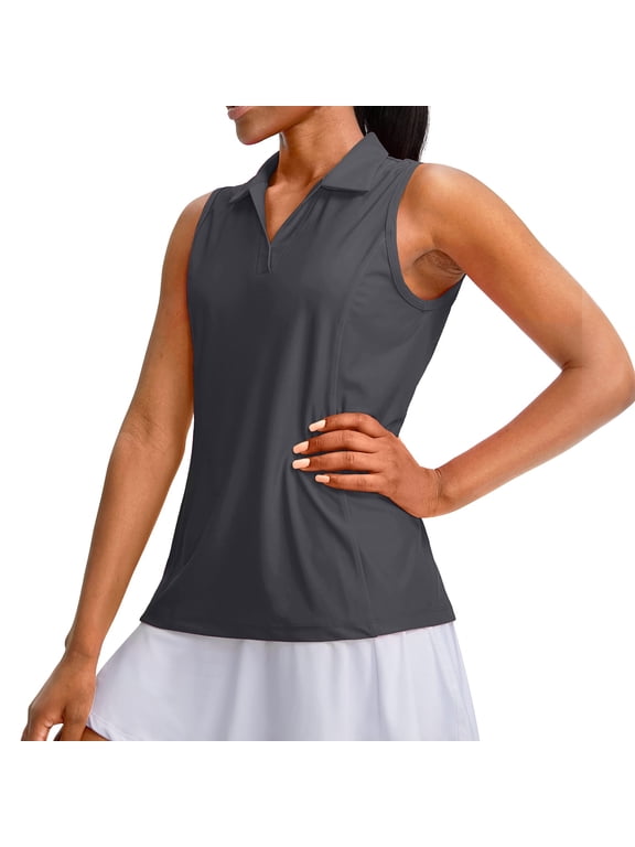 Women's Sleeveless Golf Polo Shirts V-Neck Collared Tennis Tank Tops UPF 50+ Quick Dry Lightweight Athletic Shirt Dark Gray S