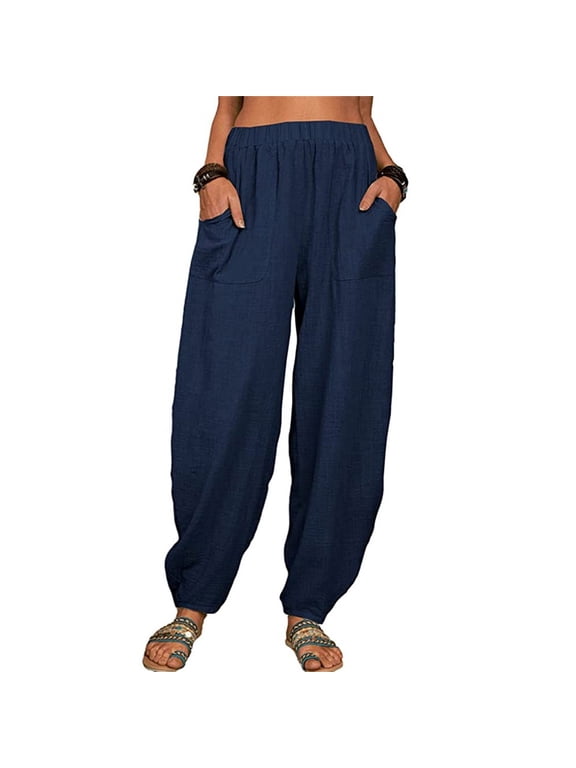 Women's Smocked Elastic Waist Harem Pants Linen Look Lightweight Balloon Pants with Elastic Cuffs and Pockets Blue S