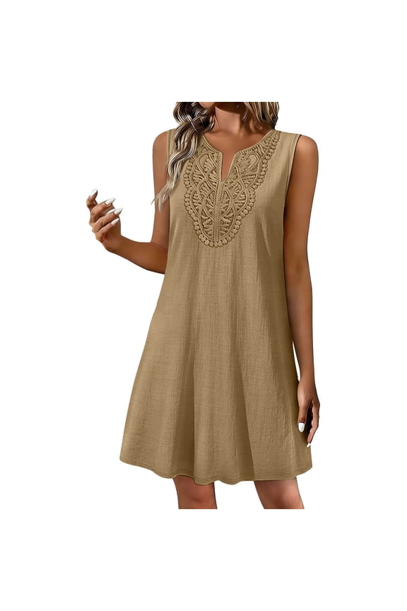 Women's Straight Dress with Pockets Women's Sleeveless Woven A-line Dress Woven Dress Notch Neck Shift Dress Womens Cowl Neck Mini Dress Beige S