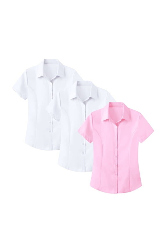 Women's Stretch Wrinkle-Free Button Down Shirts Short Sleeve Collared Slim Tailored Fit Business Work Blouse A L