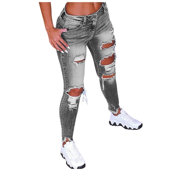 LEKODE Women's Stretchy Ripped Hole Skinny Jeans Butt Lifting Distressed Denim Pants with Pockets Trousers Gray 5XL