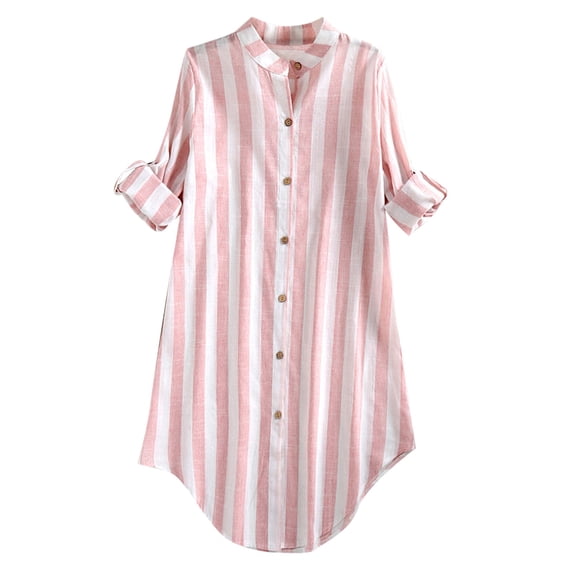 LEKODE Women's Striped Button Down Shirt Dress Long Sleeve Collared Casual Midi Tunic Dress Pink 3XL