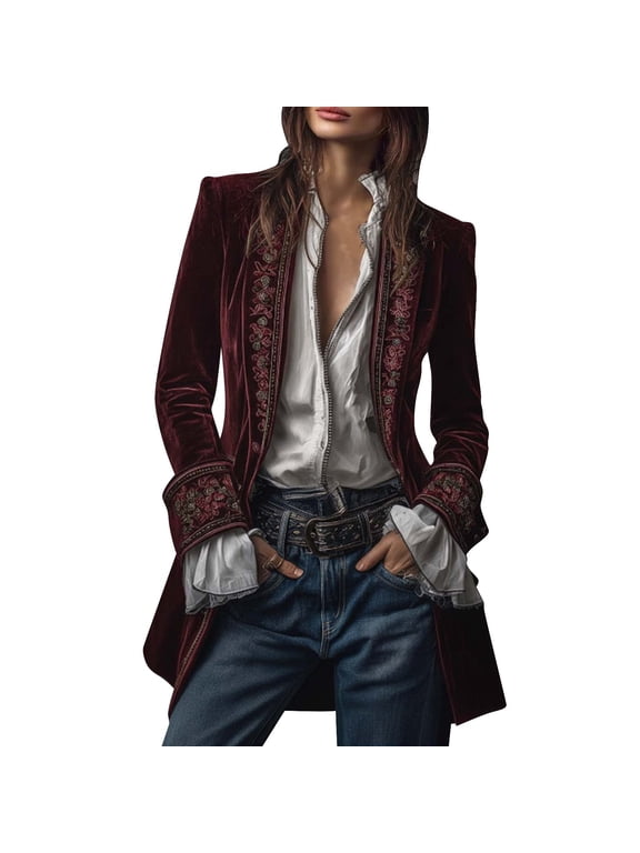 Women's Victorian Gothic Vintage Tailcoat Pirate Jacket Steampunk Long Floral Embroidered Velvet Coat Purple L