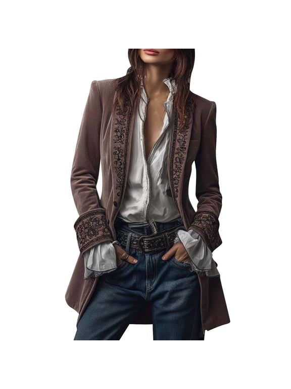 Women's Victorian Gothic Vintage Tailcoat Pirate Jacket Steampunk Long Floral Embroidered Velvet Coat Rose Gold L