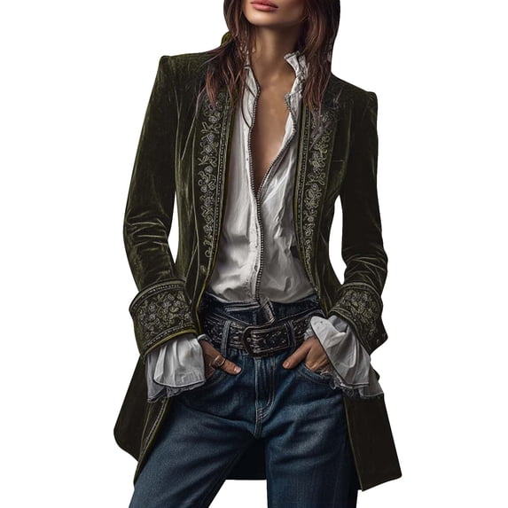 LEKODE Women's Vintage Embroidered Velvet Blazer Jacket Long Sleeve Open Front Slim Fit Coat Trendy Victorian Steampunk Coat Blackish Green S