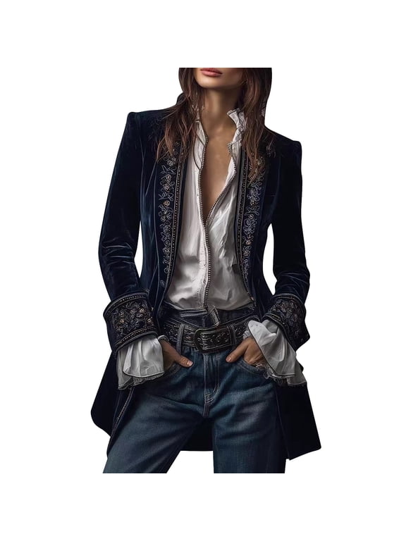 Women's Vintage Embroidered Velvet Blazer Jacket Long Sleeve Open Front Slim Fit Coat Trendy Victorian Steampunk Coat Navy S