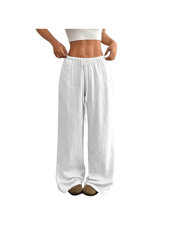 Women’s Wide Leg Palazzo Pants Casual Loose Lounge Pants Beach Trousers White L
