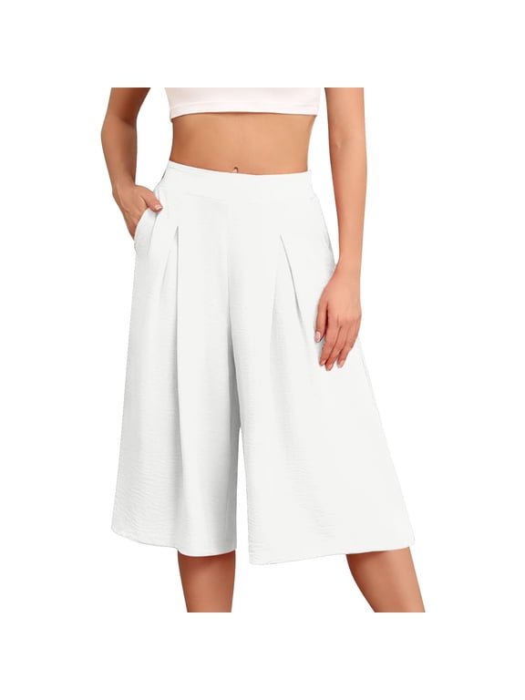Women's Wide Leg Palazzo Pants Dressy Casual Gaucho Cropped Pants Elastic Waist with Pockets White XL