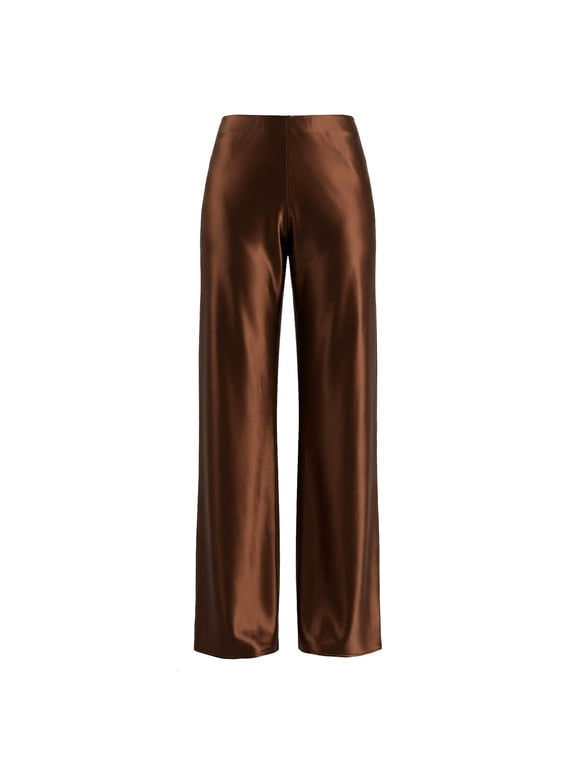 Women's Wide Leg Palazzo Pants Satin Silky Dressy Casual Shiny Sparkle Sequin Party Night Out Work Trouser Brown S